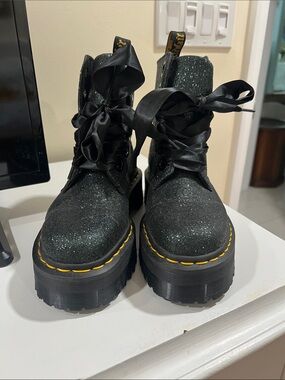Dr. Martens Black Glitter Platform Lace-Up Boots with Satin Laces